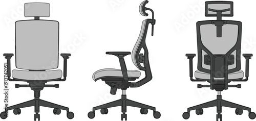 Ergonomic office chair illustration showing front side and back views with adjustable features for workplace furniture design vector isolated background