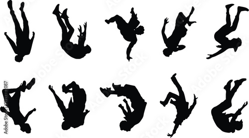 Black silhouette collection of men falling in air vector, failure and bankruptcy concept, person jumping or diving isolated icons set.