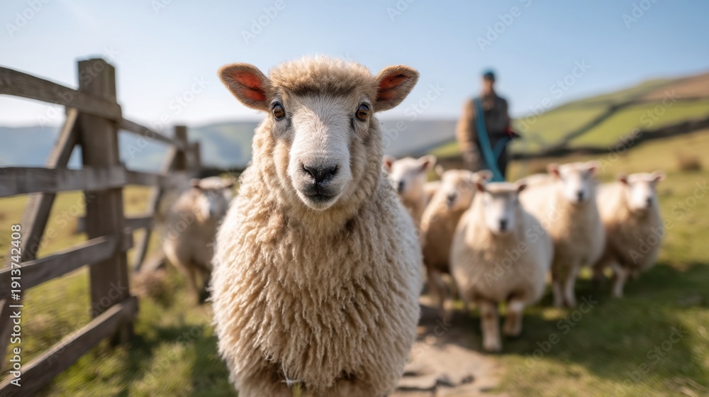 Fototapeta premium Close-Up of Sheep Herding in Scenic Landscape with Shepherd Guiding Flock on a Sunny Day