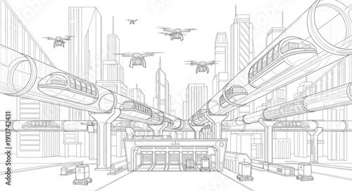 Futuristic Cityscape with Flying Vehicles and Modern Architecture.
