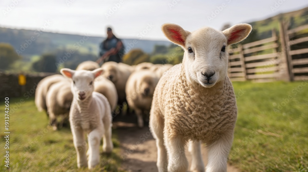 Fototapeta premium Sheep Herding in a Lush Landscape with a Farmer Guiding the Flock Through Green Fields in Daylight