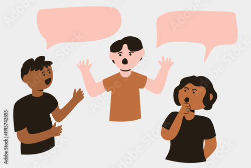 Group conversation illustration featuring characters talking with empty dialog bubble placeholder. Ideal for collaboration themes, corporate meetings, idea exchange, educational materials, posters.