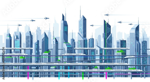 Futuristic Cityscape with Modern Skyscrapers and Advanced Transportation Systems.