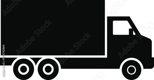 Black delivery truck silhouette vector, commercial cargo van icon, logistics transport symbol, isolated shipping vehicle illustration, freight distribution sign, industrial