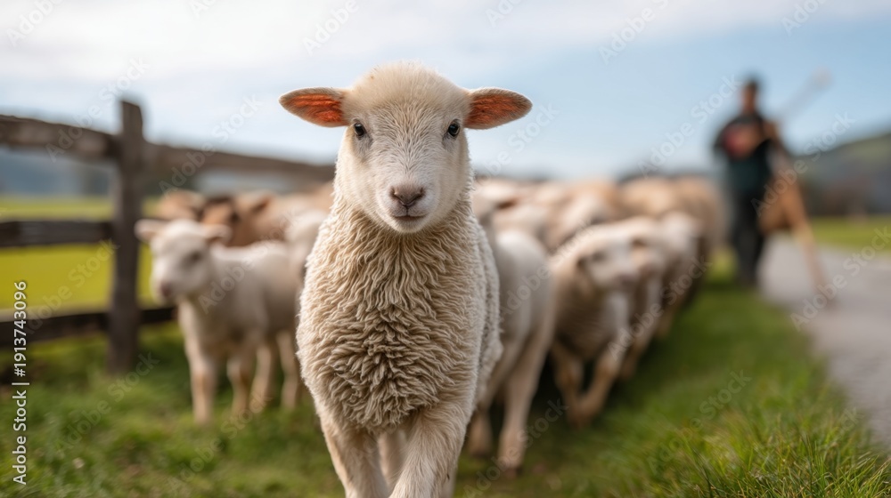 Fototapeta premium A Close-Up of a Curious Sheep in a Pastoral Scene with a Herd and Shepherd in the Background