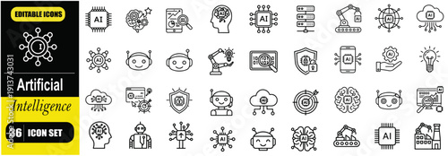 Artificial Intelligence Line Icon Set – Editable Stroke AI, Machine Learning, Generative AI, Process Automation, Data Analysis, Neural Network, Virtual Assistant, Chatbot, Robotics and Smart Technolog