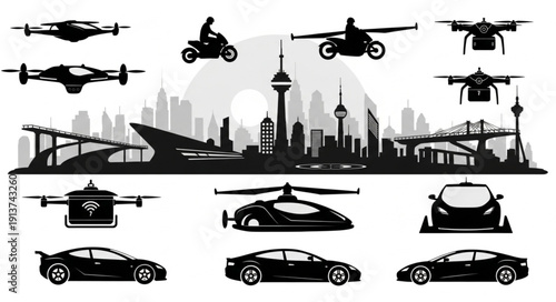 Futuristic transportation vehicles and cityscape silhouette collection.