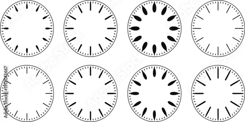 Circular clock face templates set, watch dial design elements, blank time scales, mechanical timer displays, chronometer graphics, dashboard interface measurement, timing.