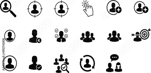 Target audience icon set, human resources recruitment symbols, user profile management, headhunting talent acquisition, people search, group communication, marketing target.