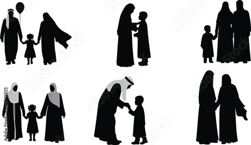 Muslim family silhouette set, Arab parents with children, Middle Eastern traditional clothing, father mother son daughter, Islamic culture community silhouettes.