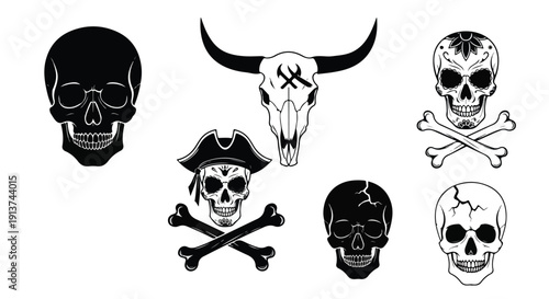 Set of monochrome skull icons featuring human skulls with various symbols