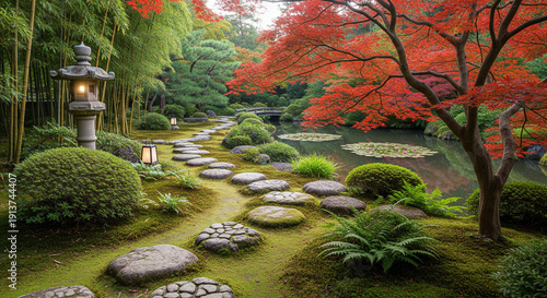 japanese garden with pond and trees