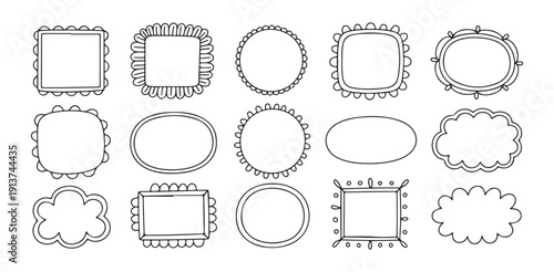 Set of fifteen hand drawn frames with various shapes and decorative borders