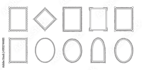 Decorative picture frames vector set dotted scalloped edges thin line borders in various shapes illustration