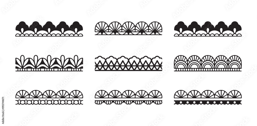 Obraz premium Decorative black lace borders patterns set for design and crafts on white background