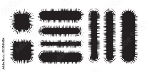 Set of abstract spiky shapes, black thorny design elements, modern frames on white background