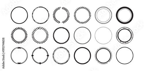 Set of diverse black circle frames and borders for design on white background