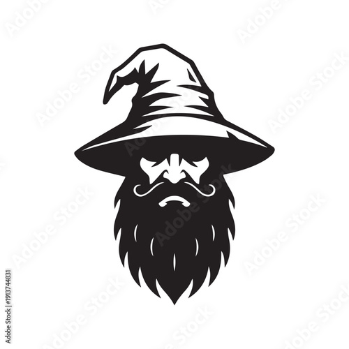 Minimalist Bearded Wizard Silhouette Head with Pointed Hat Logo Icon
