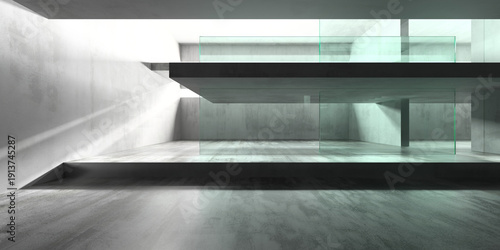 Modern architectural interior with concrete walls and glass partitions. 3d render