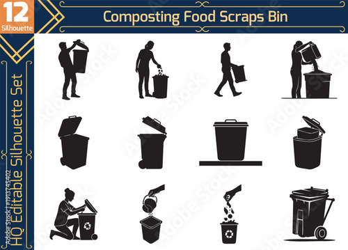 Set of Composting Food Scraps Bin Silhouettes with Organic Waste Icons, Recycle Trash Cans, and Bio Waste Containers for Sustainable Living Designs.