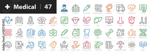 Collection of diverse medical icons representing various healthcare services and tools in a grid layout