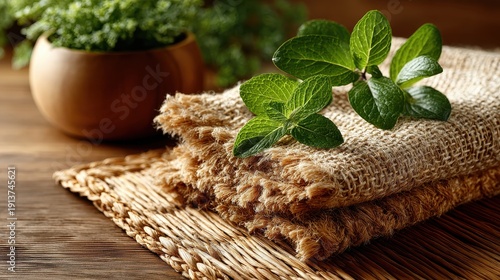 Spa Still Life with Fresh Mint Leaves and Natural Fiber Towels
