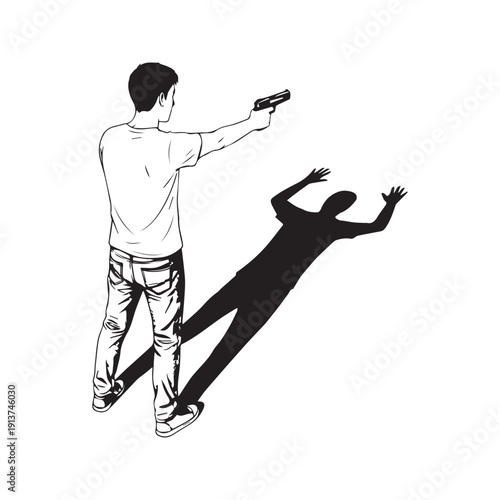 Conceptual Art Illustration of a Man Aiming a Gun at His Own Surrendering Shadow