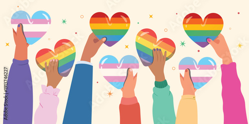 vector illustration of a set of hand holding different LGBT pride flag in heart shape. Pride Month concept.