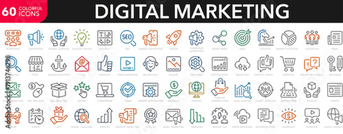 Digital marketing icons collection featuring various symbols for technology and business purposes in a grid layout