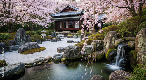japanese garden with waterfall and trees