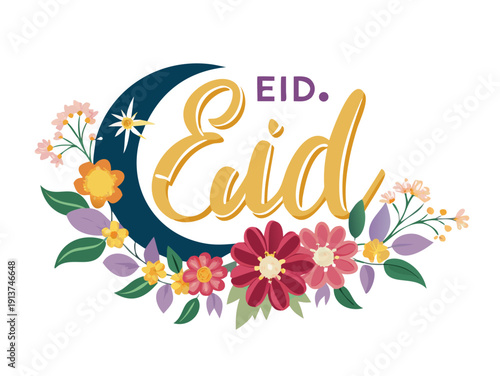 High-energy vector banner with exaggerated, large-scale blooming flowers surrounding a golden Eid moon, hyper-saturated colors.