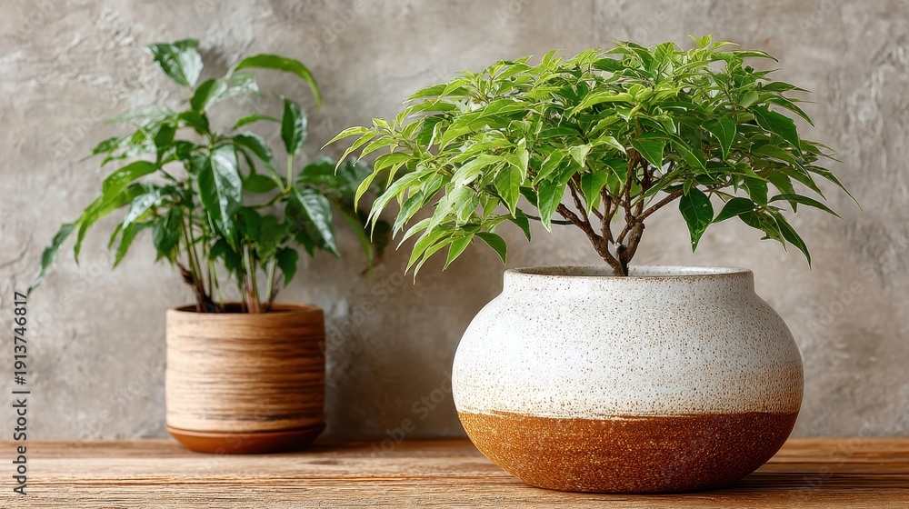 Fototapeta premium Indoor Plants in Ceramic Pots on Wooden Surface with Concrete Background