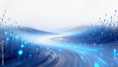 Abstract Blue Background Depicting Speed of Light and Digital Data Flow, Futuristic Technology Concept with Fiber Optic Cables on White Background, Blurred Lines Road Metaphor Fast Internet Connection