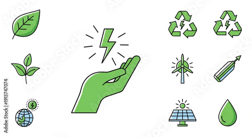 Green energy icons collection for environmental protection concept.