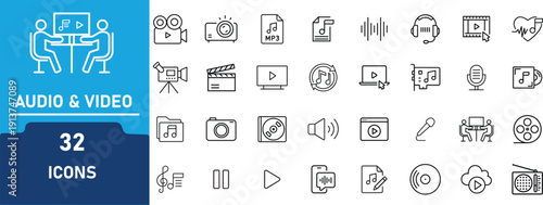Audio & Video Media Line Art Icons Set .Contains to related icons  Multimedia, Music, voice, Player Controls,  and more. Editable Stroke Vector Collection