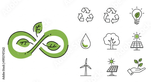 Green infinity symbol with leaves and eco friendly icons.