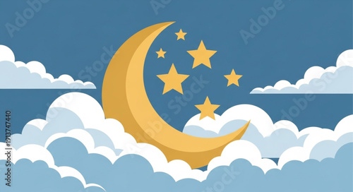 Golden crescent moon and stars surrounded by fluffy clouds.