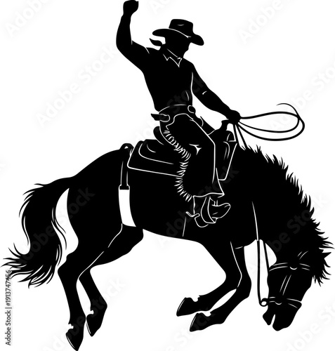 Cowboy riding a wild bucking horse silhouette vector illustration