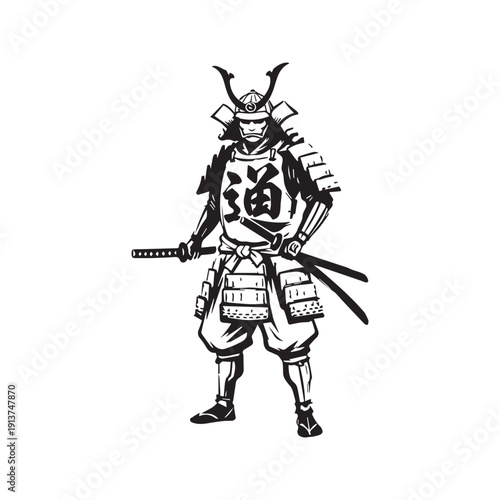 Japanese Calligraphy Bushido Kanji Forming a Samurai Warrior Silhouette Ink Illustration
