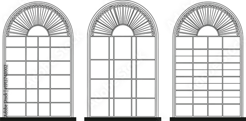Arched Window Frame Line Art Icon Set with Classic Architectural Interior Exterior Glass Panel Designs for Home Decor Construction and Building Projects