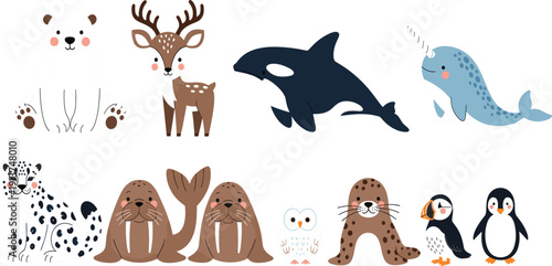 Arctic and Winter Wildlife Vector Illustration Set Featuring Polar Bear, Penguin, Moose, Wolf, Seal, and Snow Leopard for Nature Conservation and Educational Design
