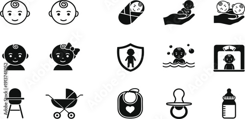 Baby Care and Newborn Icon Set with Infant Safety Feeding Stroller Pacifier and Child Protection Symbols for Parenting Apps and Healthcare Design