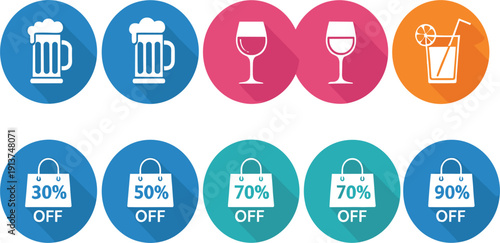 Beverage and Shopping Discount Icon Set with Beer Wine Cocktail Glasses and Sale Percentage Tags for Retail Marketing and App Design