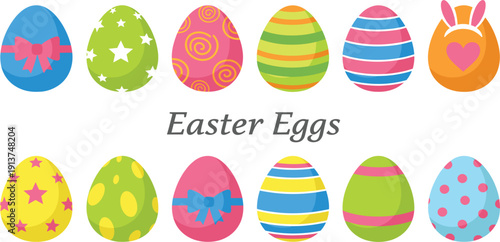 Colorful Easter Egg Icon Set with Decorative Patterns Ribbons Stars and Stripes for Spring Holiday Greeting Cards Festive Designs and Celebration Graphics