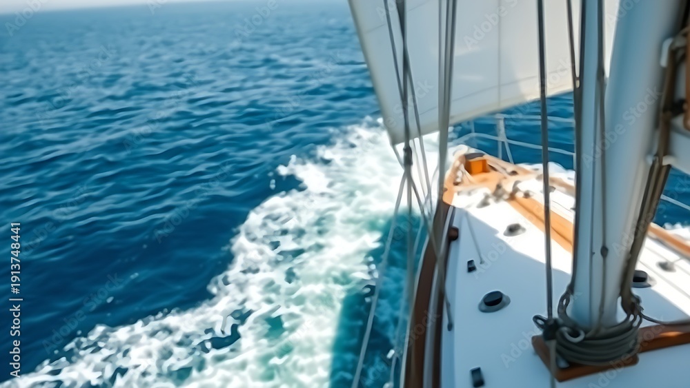 Fototapeta premium View from classic sailing ship, blue ocean parting into white wake. mobility guides, transit brochures, designed for mobility and urban transit guides, used by professors.