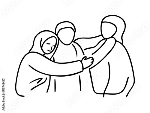 Single continuous line drawing of a family hugging on Eid day, minimalist and emotional, black line on a soft cream background.