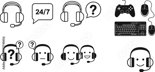 Customer Support and Gaming Gear Icon Set Featuring Headsets with 24/7 Service Symbols, Question Marks, Smiling Operators, Gamepad, Mechanical Keyboard, and Optical Mouse