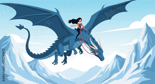 Young woman rides a majestic blue dragon over snow-capped mountains