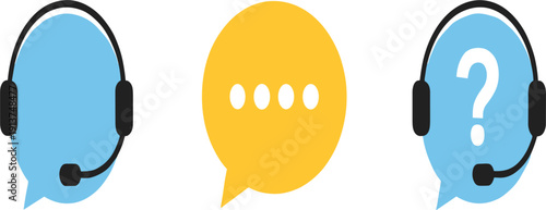 Customer Support and Online Chat Icon Set Featuring Speech Bubbles with Headsets and Question Mark Symbols for Helpdesk Service, Communication, and Technical Assistance