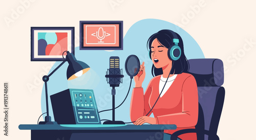 Woman recording audio in a studio with equipment